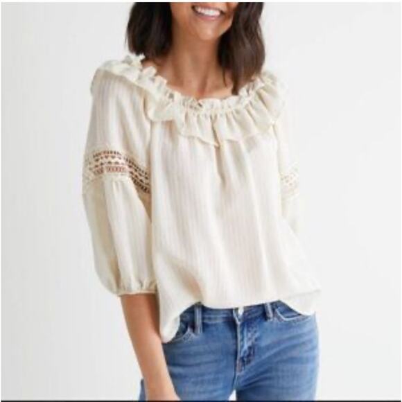 Mine Top Boho Peasant with Ruffle Neckline Embroidered Inset Sleeves Size Medium - Picture 1 of 7